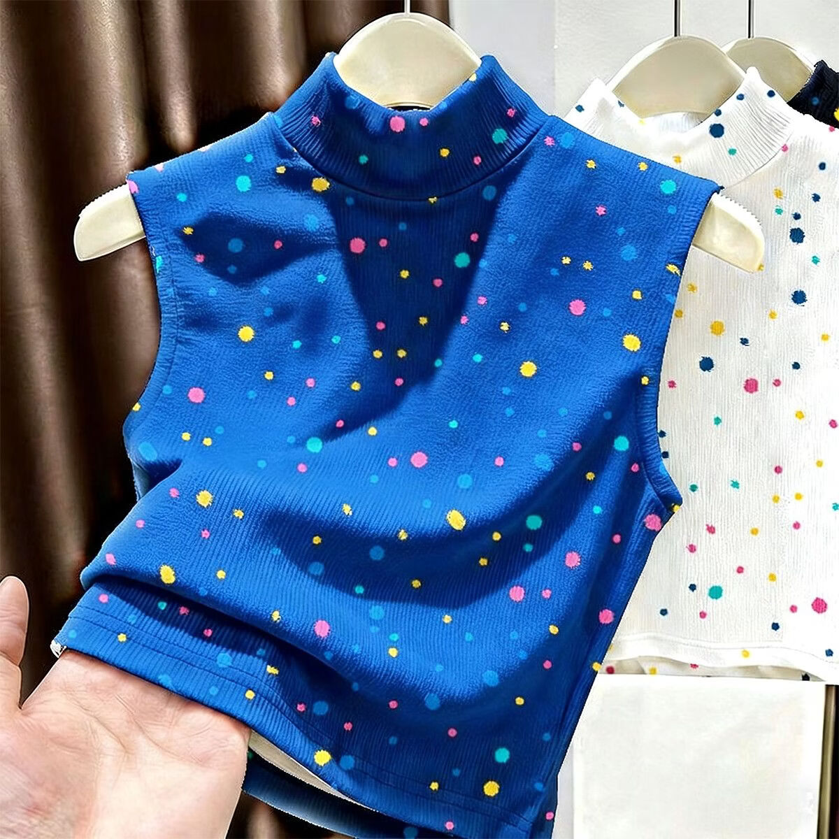 清仓特价德绒保暖背心女内搭打底衫修身半高领无袖上衣洋气质时尚 蓝底波点【德绒背心】 4XL 150斤-165斤