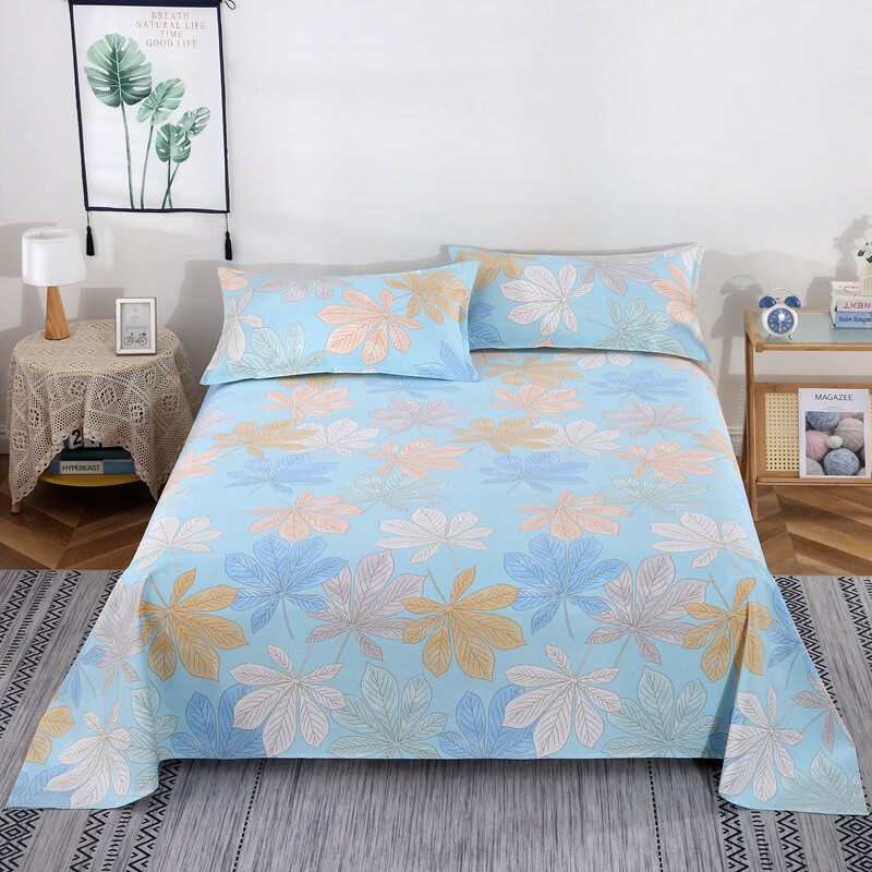 眷耐纯棉老粗布床单220x240cm单件加厚全棉单双人大尺寸大炕单家用 暖扇叶子【四季好用】 三件：大床单+2只枕套 350cm*240cm