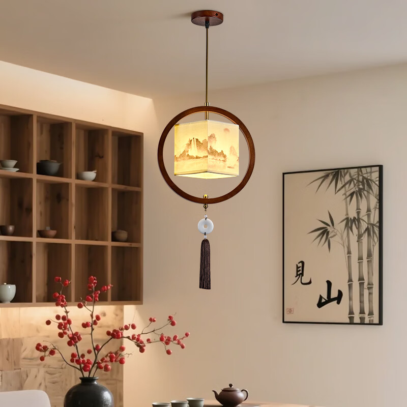 中式宋代美学小吊灯复古实木茶室书房餐厅过道走廊玄关床头吊灯 03-竹送映画【送全光谱护眼光源】 三色变光