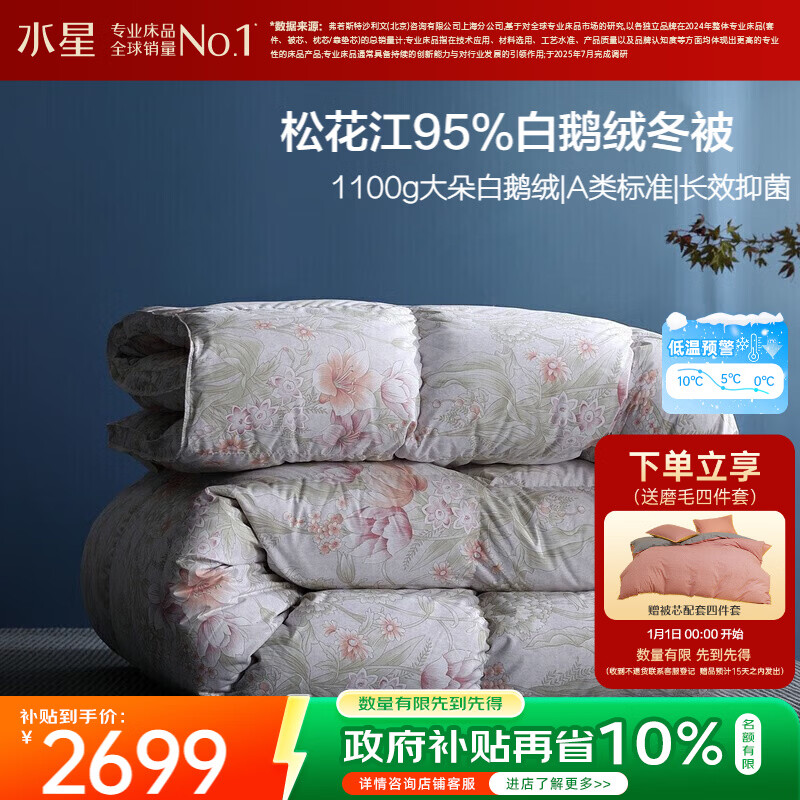 水星家纺羽绒被95%白鹅绒被子冬季加厚冬被芯双人羽绒被220cm×240cm-1100g