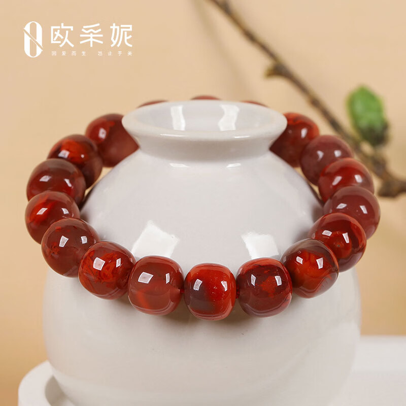 欧采妮(OUCERNY)南红手串收藏级天然凉山妖花牛血红火焰纹玛瑙大桶珠手链本命年 天然南红 一物一证