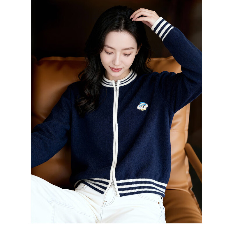 百家好（Basic House）Basic House/百家好休闲棒球服外套女25秋季刺绣撞色拉链开衫毛衣 藏青 M