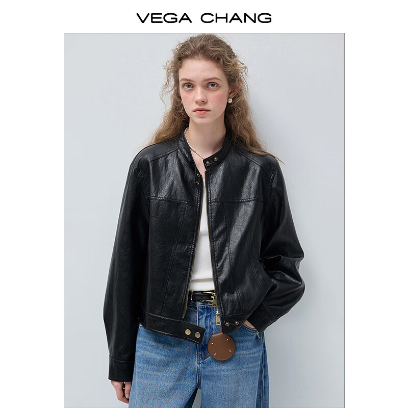 VEGA CHANG皮衣短外套女小个子2026年新款春装布朗尼酷飒风皮夹克 黛墨黑 S