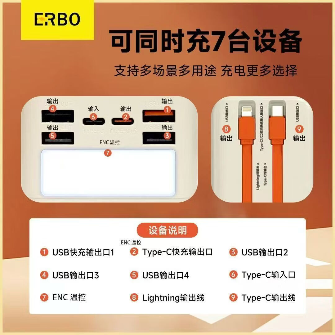二伯【3C认证充电宝 可上飞机高铁】27000毫安22.5w超级快充自带线大容量移动电源适用苹果安卓露营用 50000毫安（双线+手挂绳）露营家用 米橙色/二伯旗舰款【3C MFI双认证】