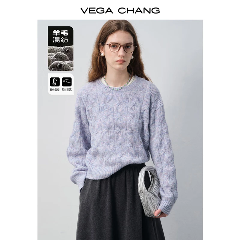 VEGA CHANG羊毛混纺毛衣女2026新款春渐变紫美丽诺保暖针织衫 淡柔紫 M