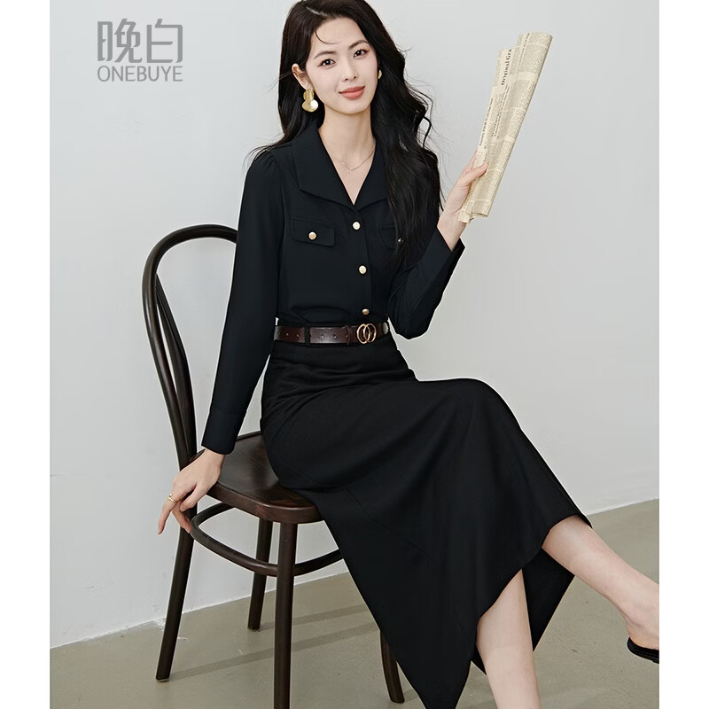 晚白【新品】2026年春款气质翻领上衣垂顺抗皱利落干练通勤衬衫女 黑色 M