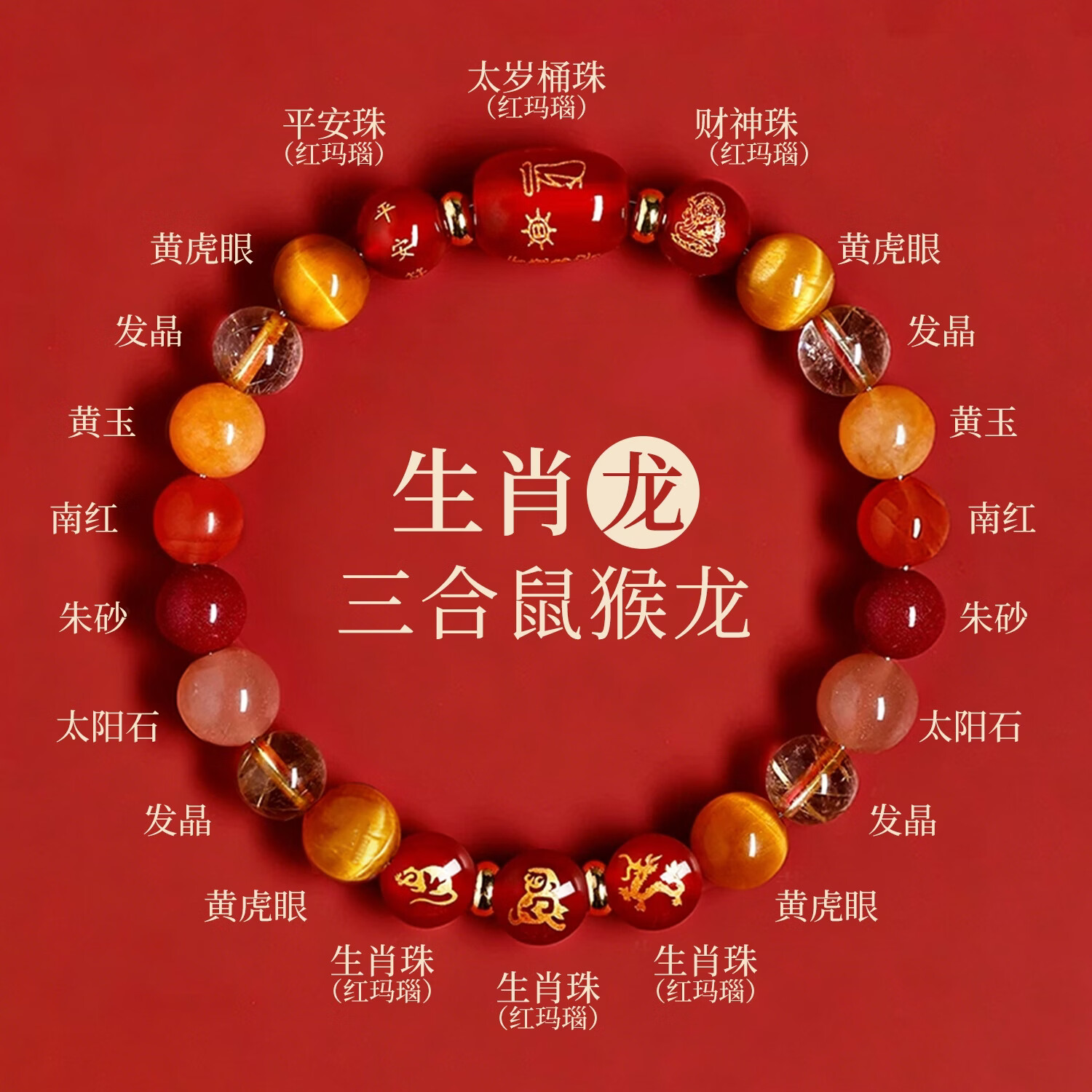 静风格多宝朱砂手串十二生肖水晶玛瑙手链转运珠护身符生日七夕礼物 生肖龙【三合鼠猴龙】