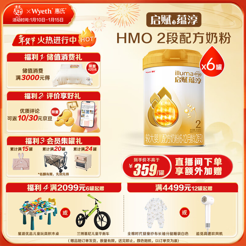 惠氏（Wyeth）启赋蕴淳A2进口HMO较大婴儿配方奶粉2段（6-12月）810g*6罐