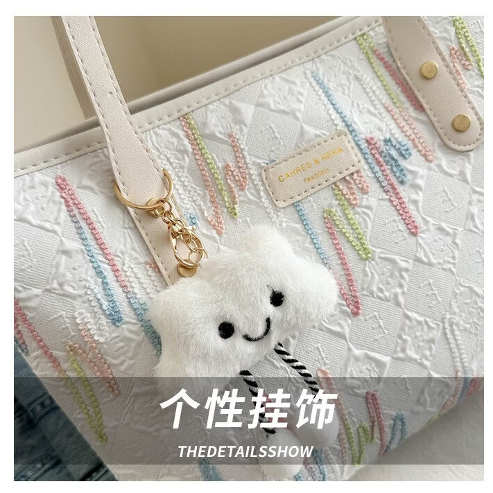 流行大容量拉链包包女2026新款简约大包可爱质感通勤托特包单肩包 蓝色带挂饰