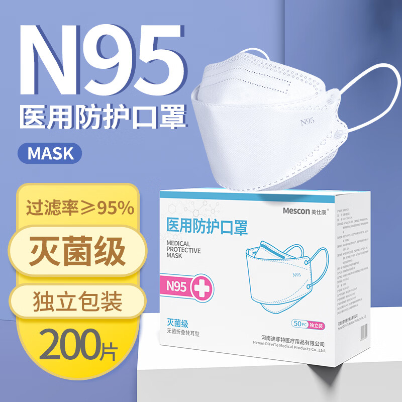 美仕康n95级韩式柳叶鱼型独立灭菌立体透气时尚一次性医用防护口罩 医用鱼型n95 200只