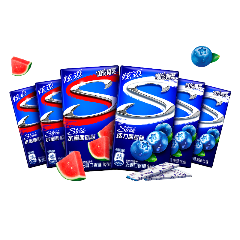 炫迈（Stride）无糖口香糖28片6盒装 西瓜蓝莓双口味组合装 休闲零食糖果302.4g