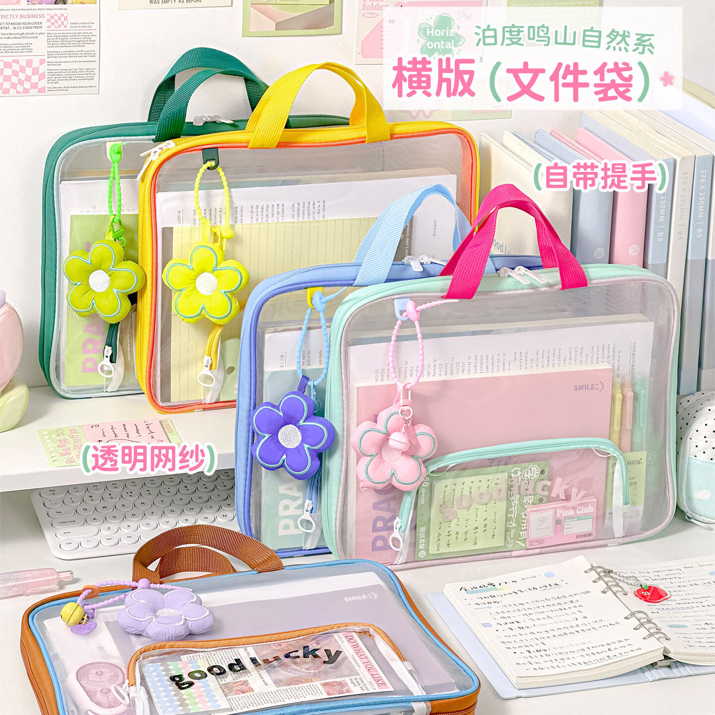 三年二班泊度鸣山自然系横版文件袋学生考试专用文具收纳袋简约ins加厚高透网纱文件课本收纳袋便携手提袋 鸟诺