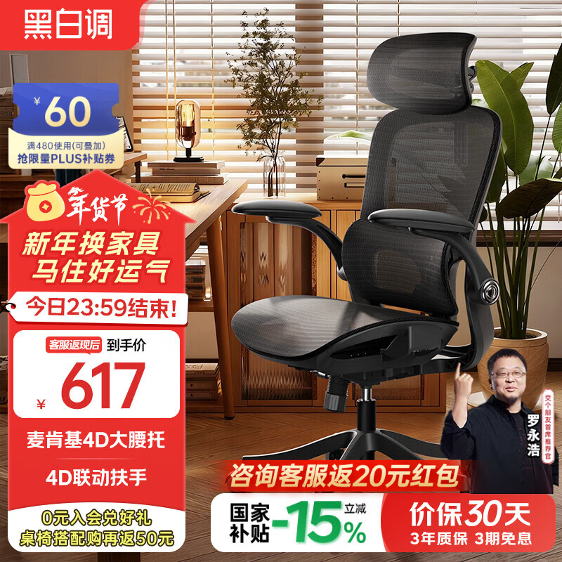 黑白调P2 Pro二代人体工学椅电脑椅办公椅电竞椅子人工力学座椅4D腰托  