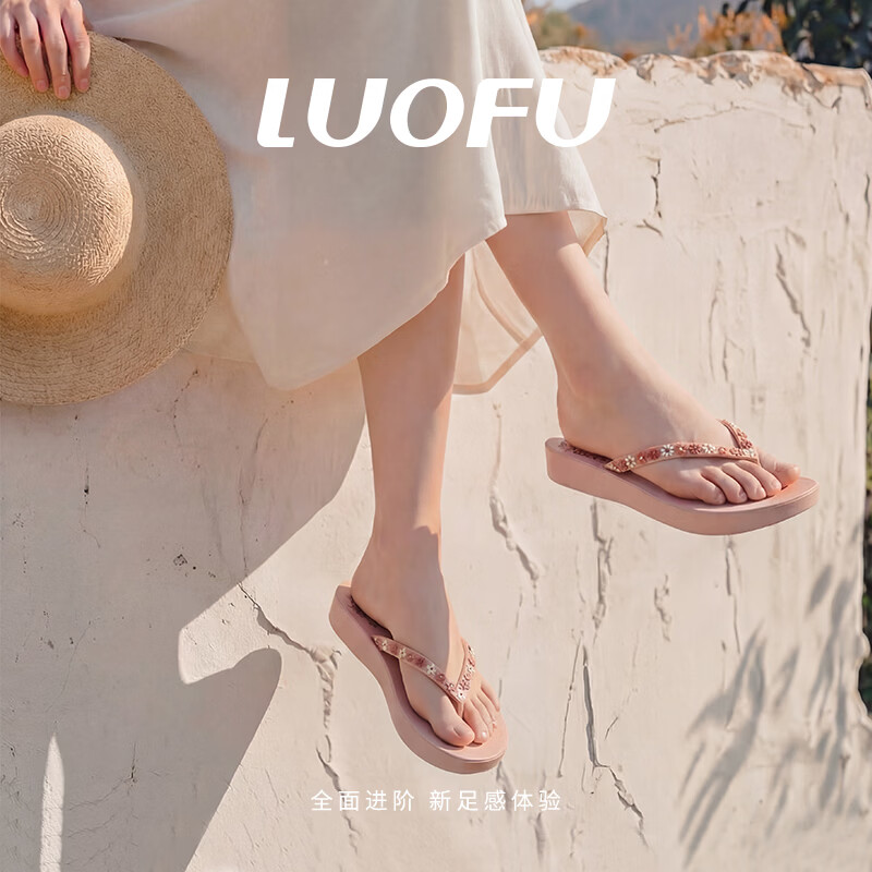 罗敷（Luo Fu）新款女士人字拖女夏外穿防滑度假海边小碎花文艺夹趾花边凉拖鞋 黑色 35