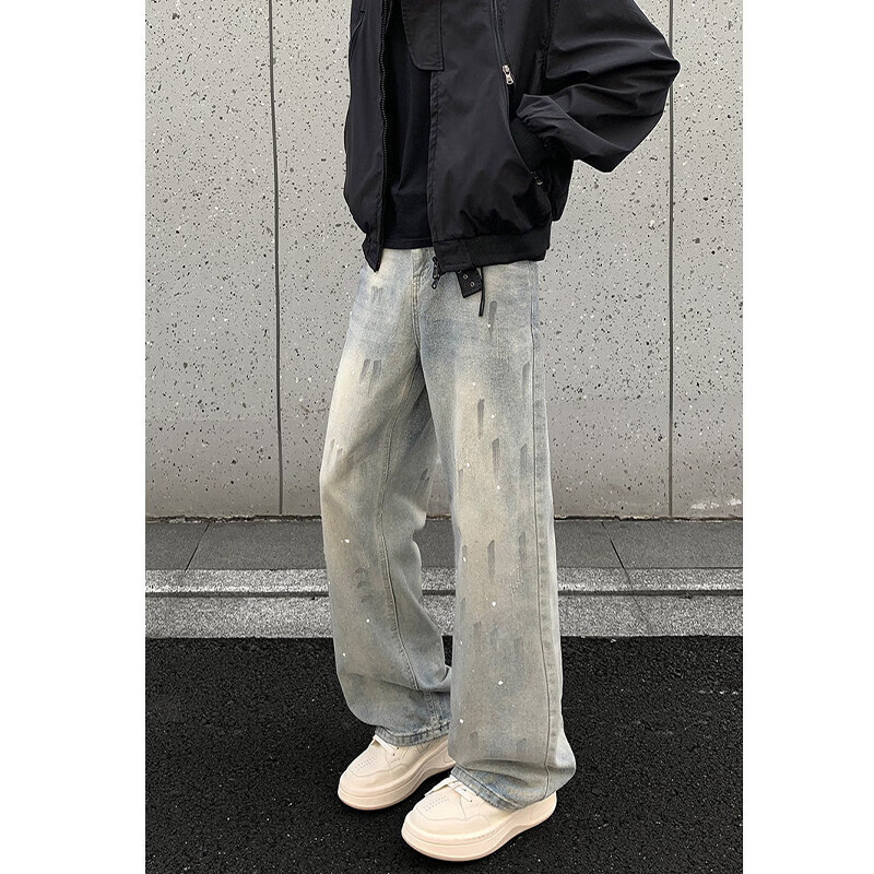 凌泊美式泼墨涂鸦微喇牛仔裤男冬季加厚裤子男士加绒直筒宽松休闲长裤 LK25472 蓝灰色 XL 130至145斤可穿