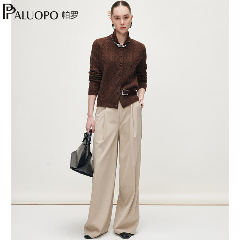 帕罗(PALUOPO)【RED商场同款335g】复古绞花半高翻领女纯羊绒开衫百搭针织毛衣 光辉咖夹花 2XL 115
