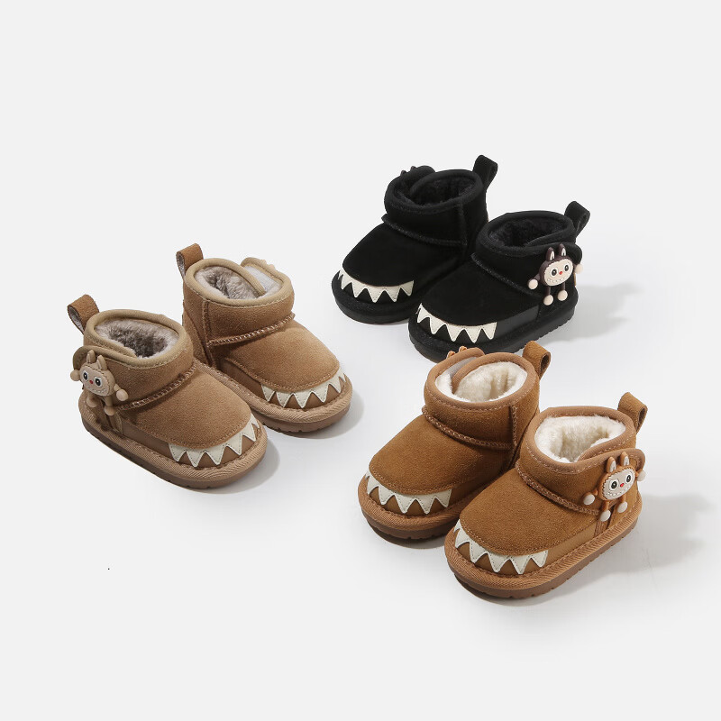 甜贝星雪地靴婴儿童软底学步鞋子冬季新款加绒短靴女童鞋保暖小童 黑色 26 工厂订货价-30整件(50双)