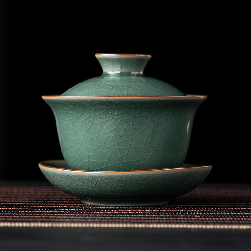 韵化【精选直发】汝窑三才盖碗开片铁线单个高档可养家用泡茶茶碗礼盒 密釉绿三才盖碗