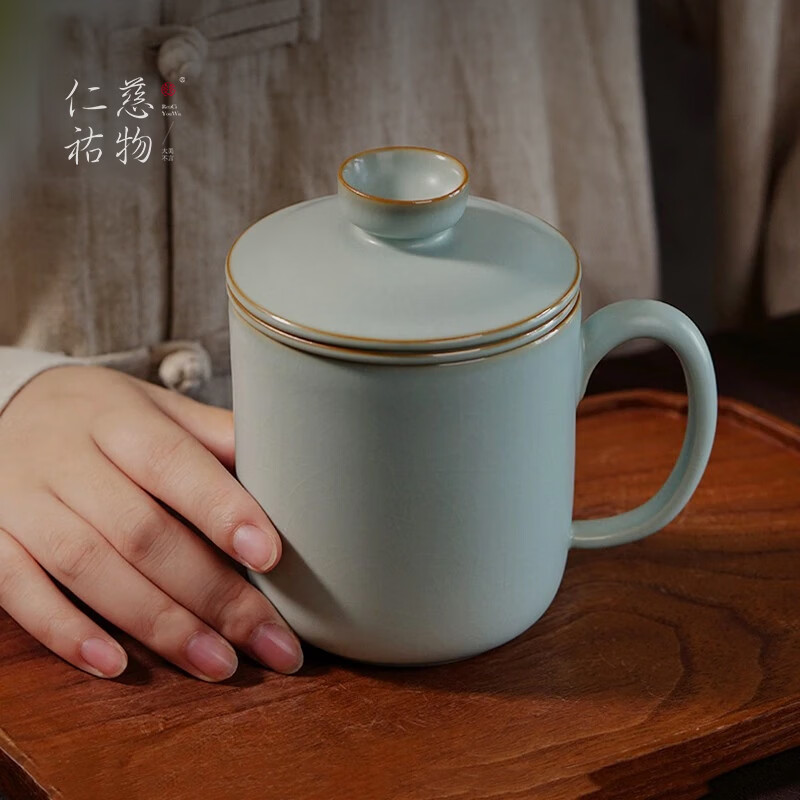 青澹汝窑办公茶水分离杯陶瓷茶具会议杯纯手工无奇杯 无奇杯约350ml  开片可养 350ml1个
