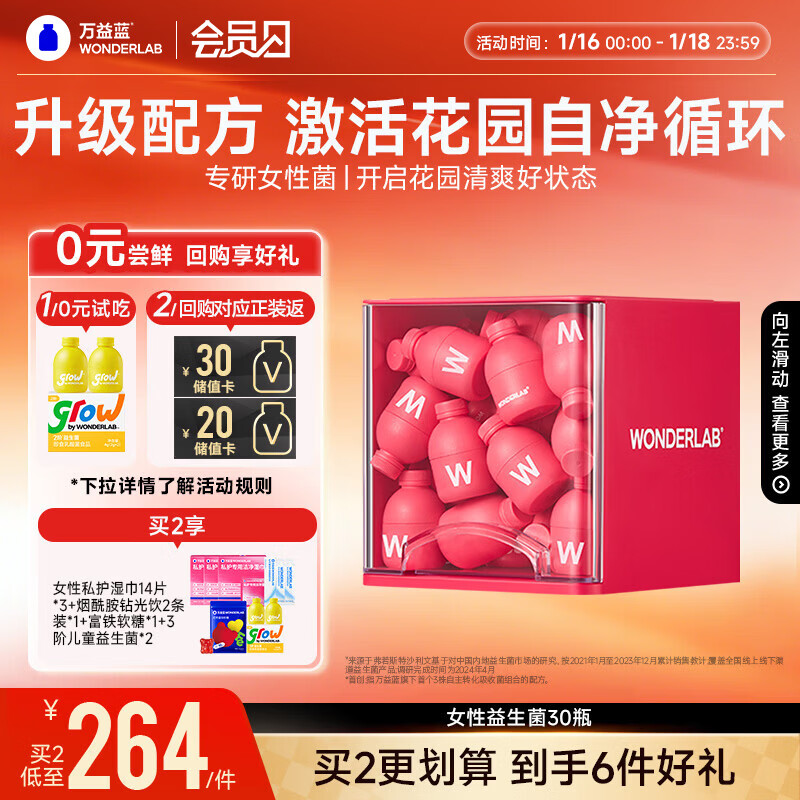 万益蓝WonderLab 蔓越莓女性益生菌30瓶 炎科孕妇理症调益生菌粉