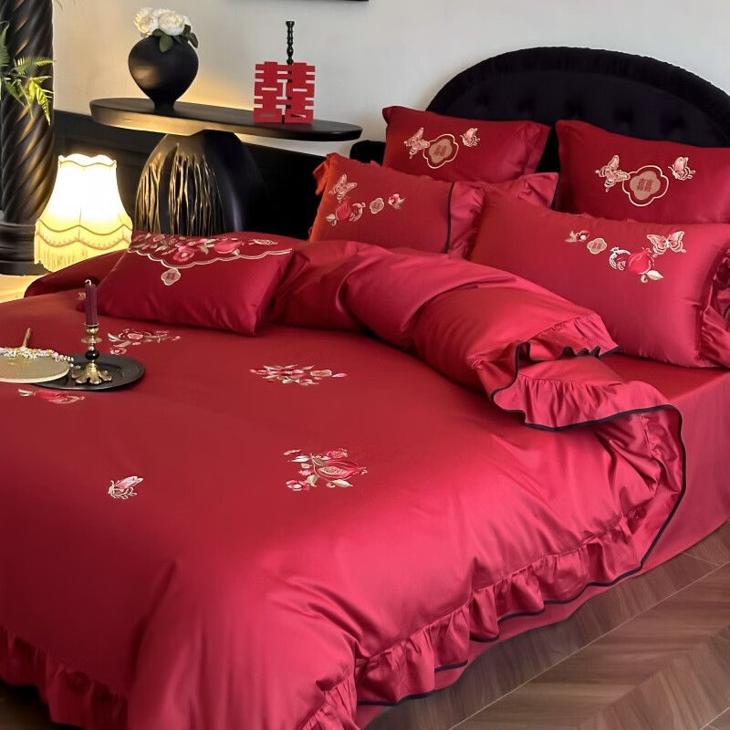 ROLAND LIVE长绒棉婚庆四件套荷叶花边全棉新婚铺床被套床单红色喜庆床上用品 SY 长绒棉婚庆四件套-红榴映梦 1.5-1.8米床 |【被套200*230cm】