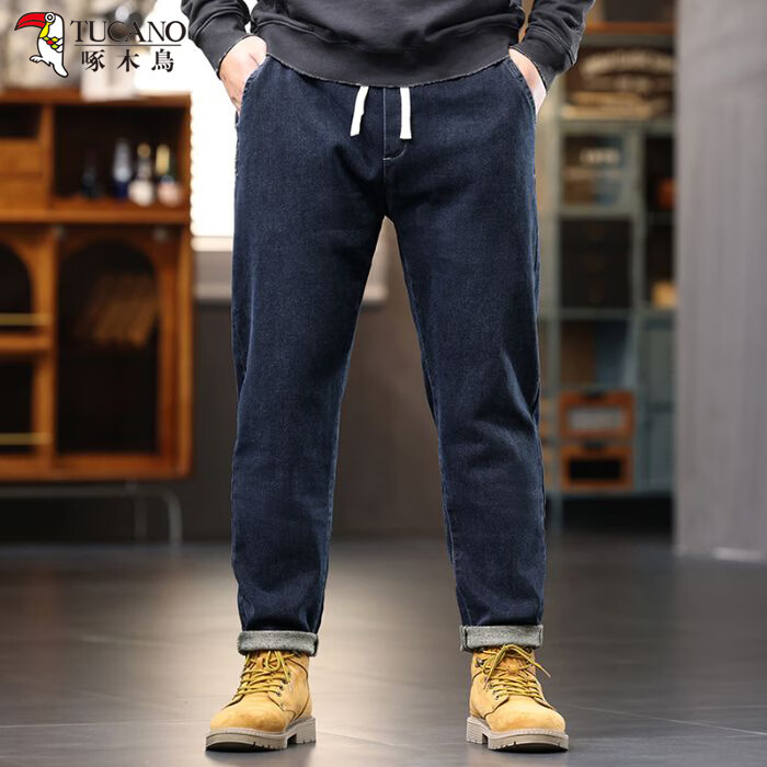 啄木鸟大码胖子松紧腰牛仔裤男秋冬加厚宽松直筒休闲百搭潮流潮牌男裤子 蓝灰色 305 M