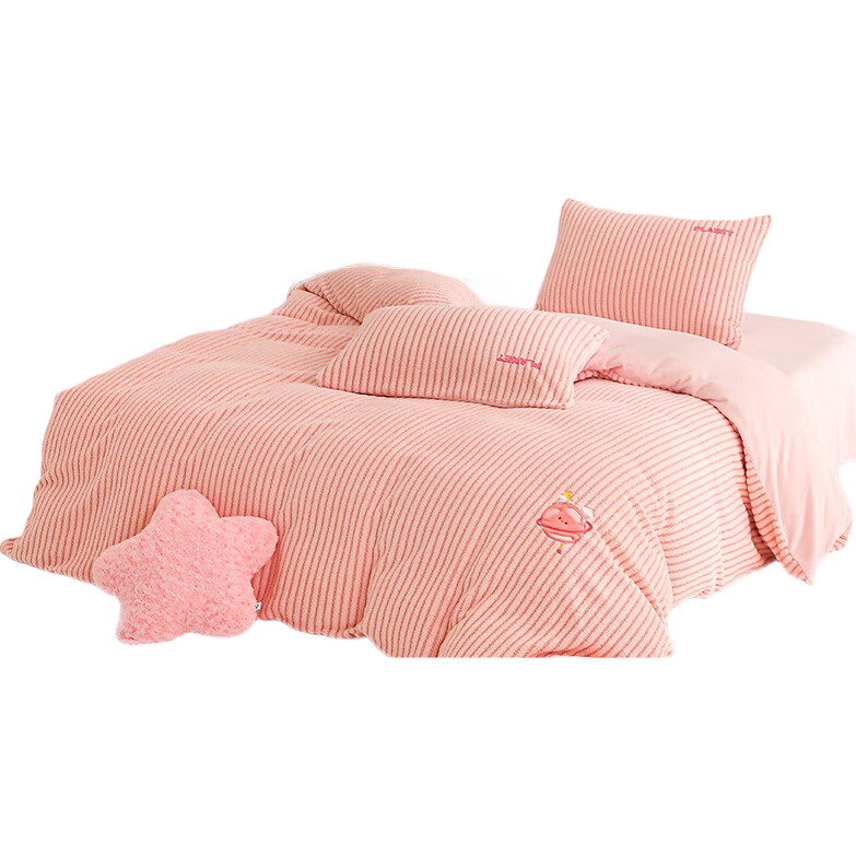 夢潔家紡 【團(tuán)購有禮】牛奶絨雕花四件套素色繡花套件加密絨毛雙面暖絨 【220G+雙面加絨】 桃桃星球 1.8米床 床單款 (被套220*240cm) 四件套