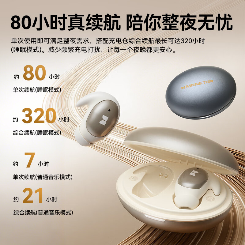 魔声（Monster）Sleep Ear100 睡眠耳机蓝牙降噪隔音耳塞无痛侧睡零压感超薄舒适不压耳助眠入耳式隐形 锖黑色【深度降噪助眠+80h续航】