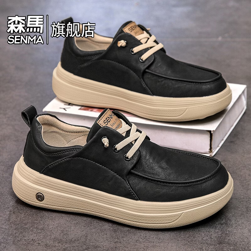 森馬男鞋2026春季英伦风复古真皮防水皮鞋轻便软底男士休闲运动潮鞋 黑色【基础款】 39 标准码数/现货秒发