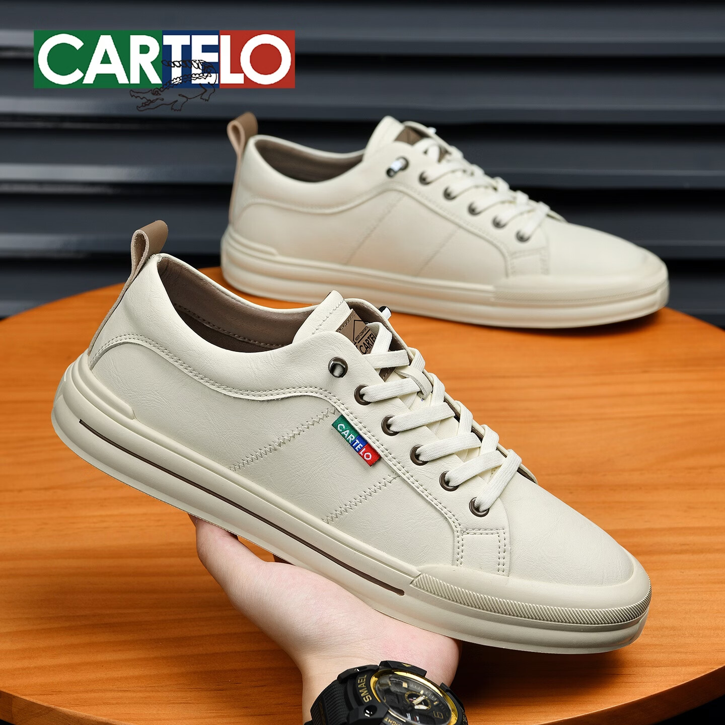卡帝乐鳄鱼(CARTELO)男鞋夏季透气小白鞋男潮流百搭舒适轻奢板鞋男韩版休闲运动鞋子男 米棕色 44 (270mm) 标准运动鞋尺码