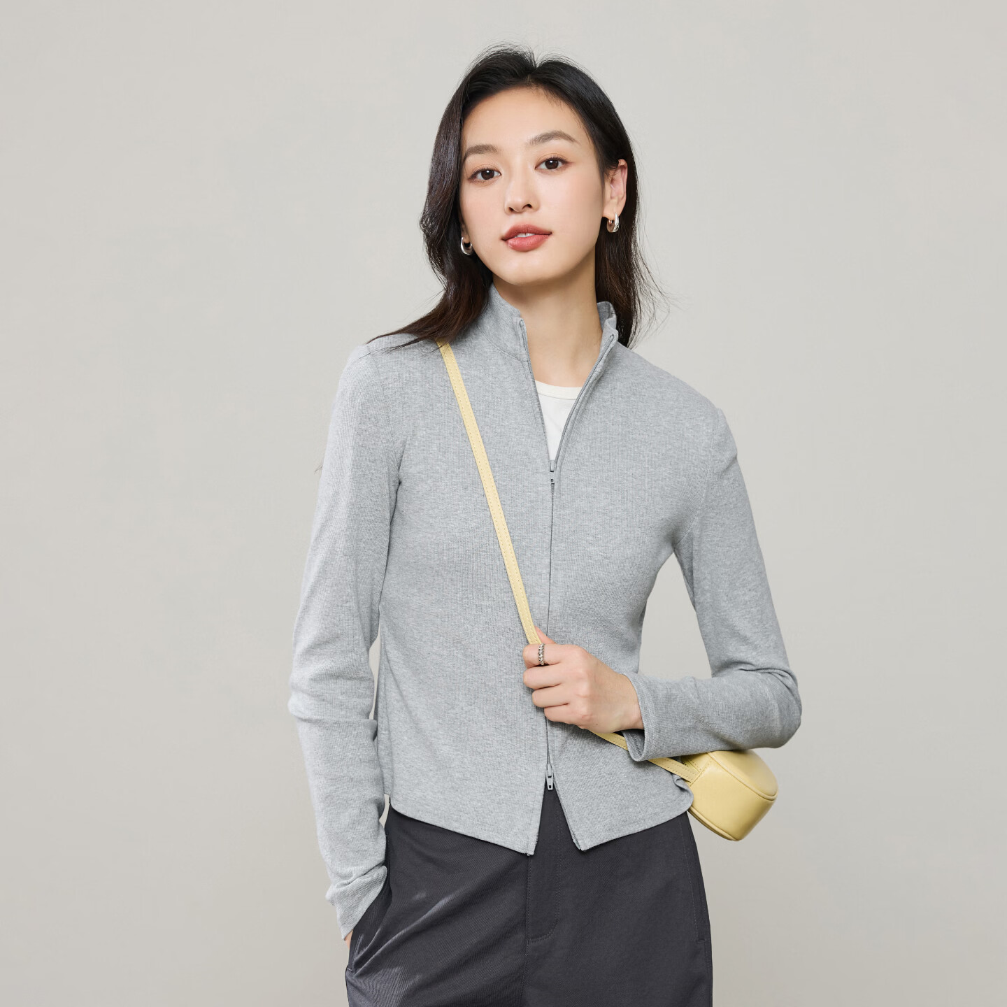 逸阳（ESE-Y）正肩双开拉链卫衣外套女26年春新款修身显瘦短款长袖上衣T恤 月岩灰 L