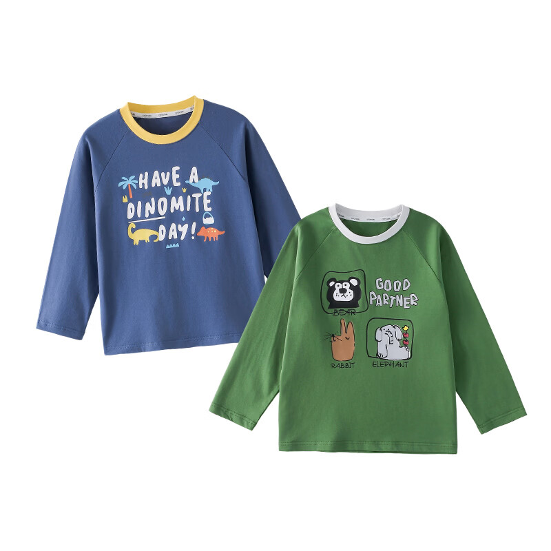 棉花堂【100%棉】儿童打底衫春秋上衣女童长袖男童童装宝宝T恤2件 组合三:深蓝、绿色 140 京东折扣/优惠券