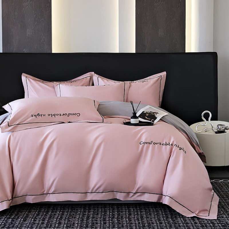 水星家纺床上四件套纯棉高端轻奢A类被套罩长绒棉贡缎床单床笠款床品 奶茶+浅灰 1.8m 床笠款 被套加大四件套 【被套220x240cm】