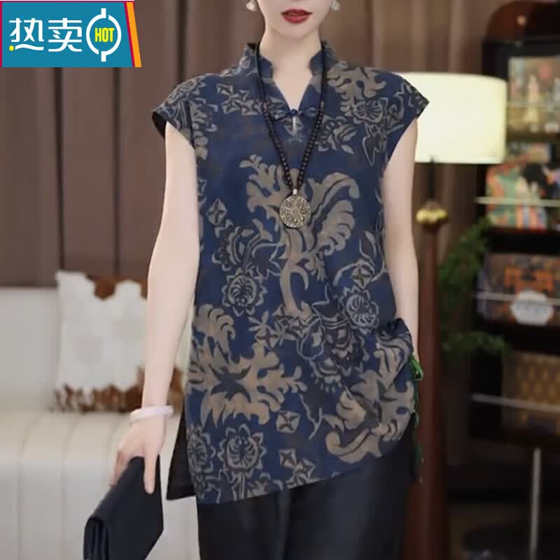 夏典素订女王（SE.PSTP）国风新中式时尚衬衫大码印花中长款上衣短袖复古新款夏季小衫 青花瓷 3XL 建议140-155斤