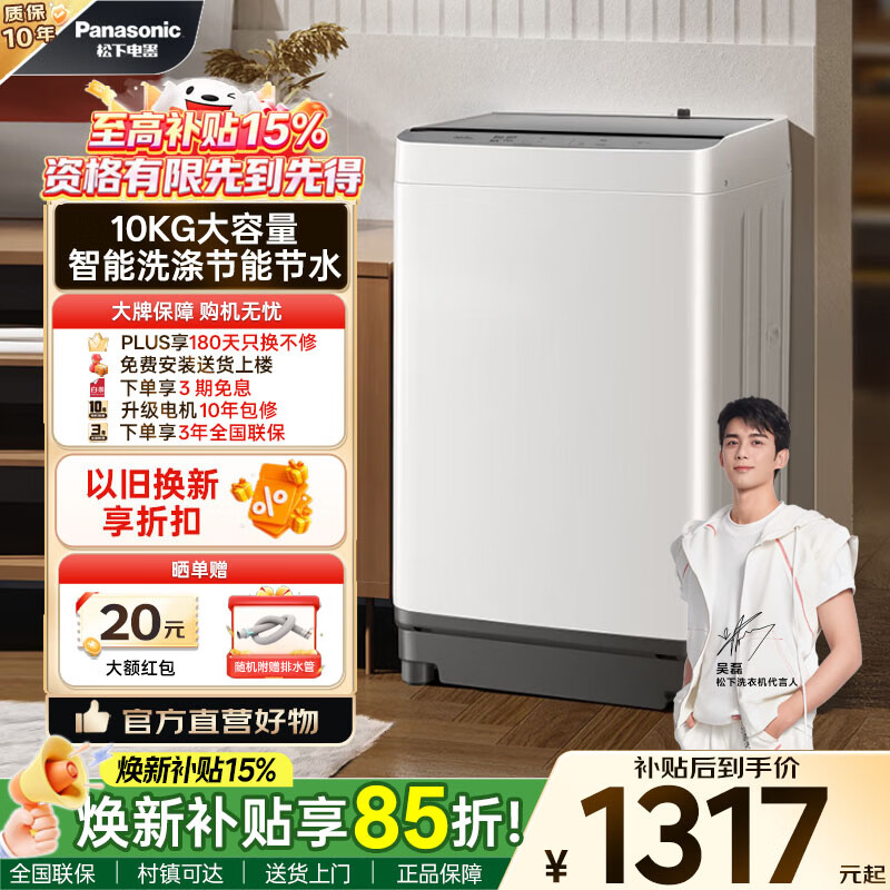 松下（Panasonic）清净乐 波轮洗衣机 全自动家用 10KG除螨洗抗菌波盘 家电国家补贴 XQB100-T2F1