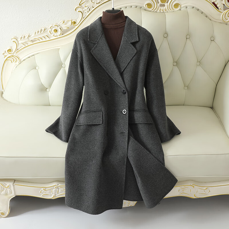 凱撒（KAISER）毛呢大衣女士兔絨羊毛雙面呢長款風衣雙排扣西裝領外套黑灰M