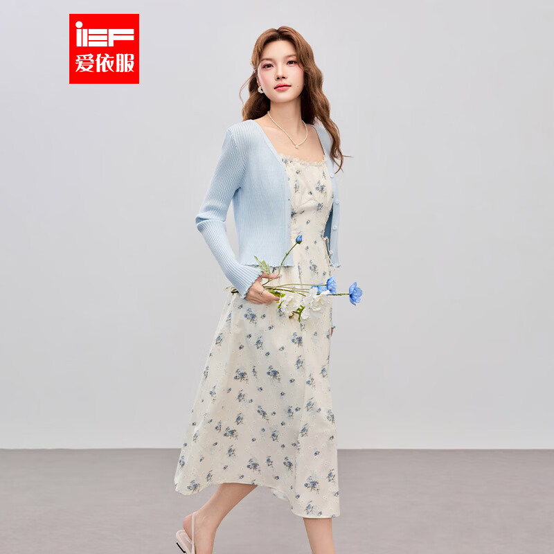 IEF/爱依服2026春季新款森系小清新淑女气质通勤显瘦里外套长裙 蓝 S