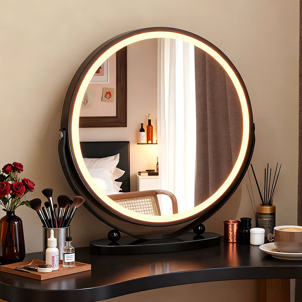 诗元2026新款led化妆镜梳妆台圆形带灯镜子大号可旋转桌面台式智能镜 玄夜黑 【无灯款】40CM【360°可旋转 超清真实成像】