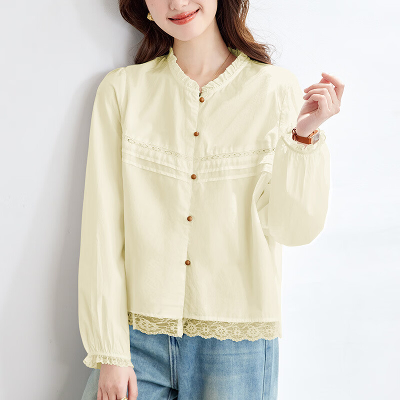 LOOK LOOK甜美可爱圆领衬衫女 蕾丝刺绣压褶拼接 文艺百搭长袖 灰色