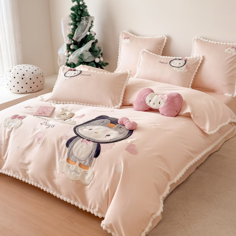 ROLAND LIVE新疆长绒棉卡通贴布绣四件套粉色少女心全棉被套床单儿童三件套 WL 新疆长绒棉套件-喵咪酱【送同款抱枕】 1.8米床 床单款 【被套200*230cm】