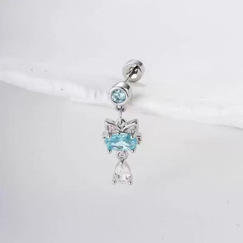 KZD老凤凰Vintage古着灵猫钛钢耳骨钉小众设计独特ins风猫咪吊坠耳饰 灵猫钛钢螺旋钉【一对】蓝色