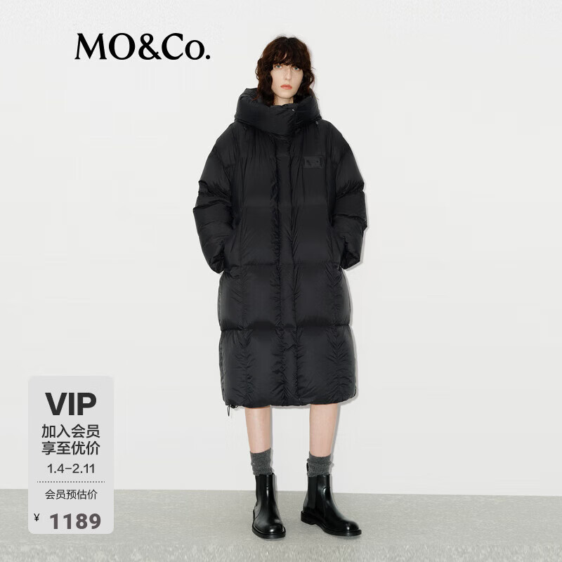 MO&amp;Co.羽绒服90鸭绒高领连帽轻暖高密防钻绒双门襟中长款摩安珂 黑色 M /165