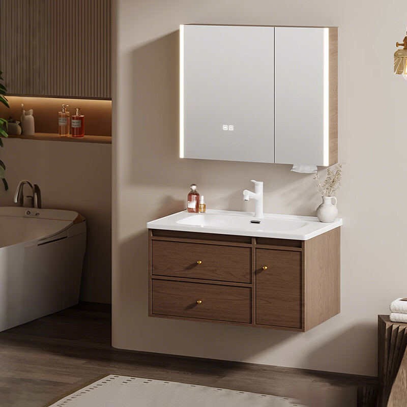 惠达（HUIDA）中古风智能浴室柜陶瓷一体盆双抽灯光除雾卫生间洗脸盆组合J60 80cm