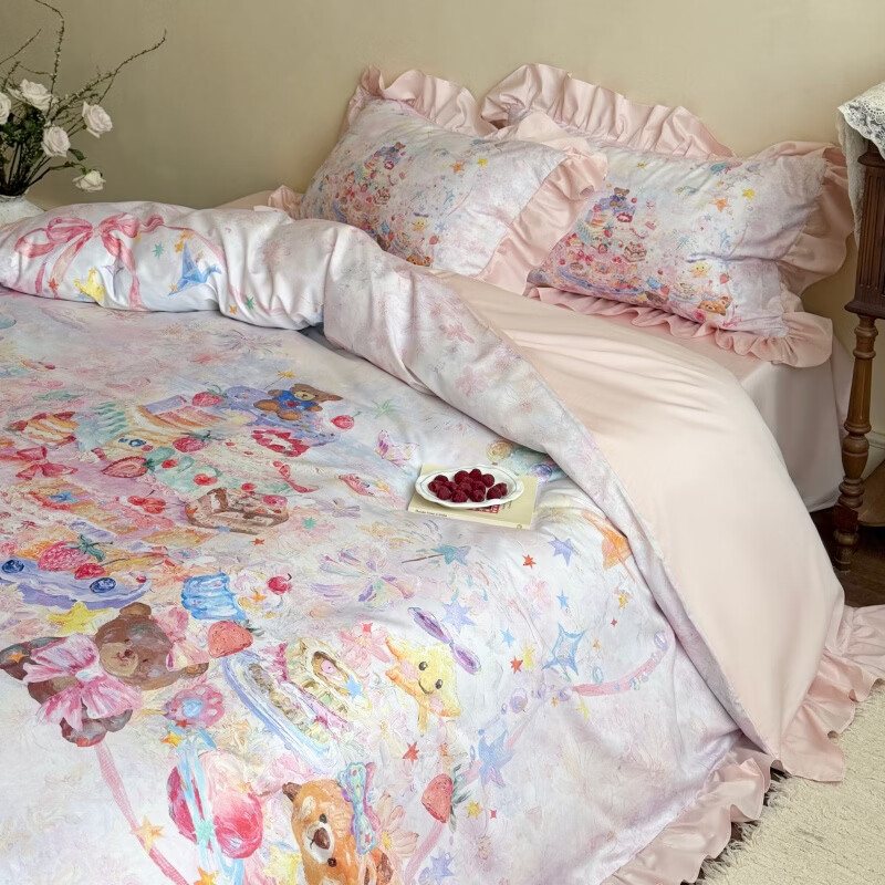 ROLAND LIVE新疆长绒棉印花四件套春夏新款花边款全棉被套家用1.8米床上用品 WL 长绒棉四件套-花房小熊粉色 1.5米床 床单款 【被套200*230cm】