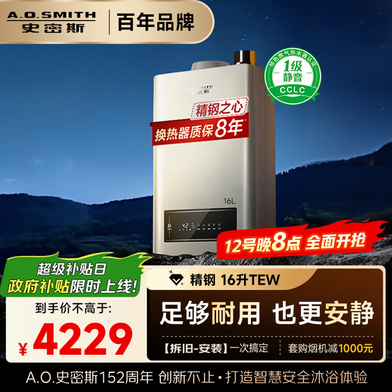史密斯(A.O.SMITH)16升精钢燃气热水器 1级静音 恒温大水量 抗风防冻 JSQ31-TEW 更安全更安静 以旧换新