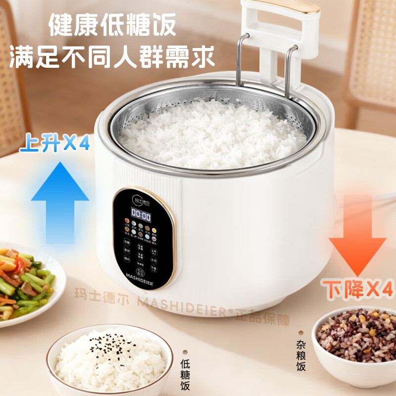 玛士德尔低糖电饭煲家用智能米汤分离电饭锅无涂层不粘锅多功能全自动升降沥米饭降淀粉少糖捞饭蒸饭煮饭锅 5L米白色+不锈钢内胆 5L