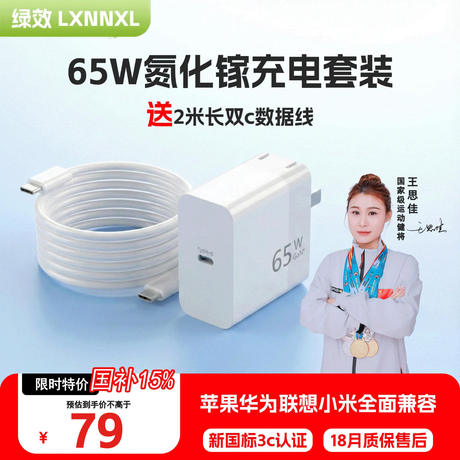 绿效65W氮化镓笔记本电脑手机充电器套装Type-C口PD快充头电源适配器适用MacBook苹果小米华为联想