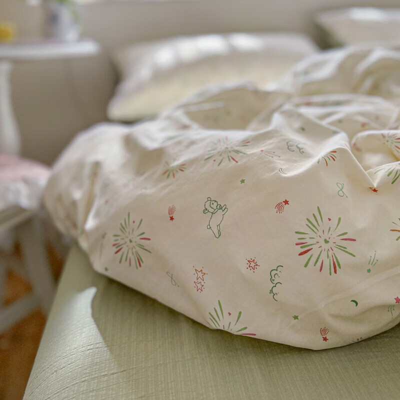 一默四件套2026款A类古法水洗仿棉云感纱被套床单床笠枕套家用四件套 烟花星语 2.0m 床单款 (被套200*230cm) 四件套