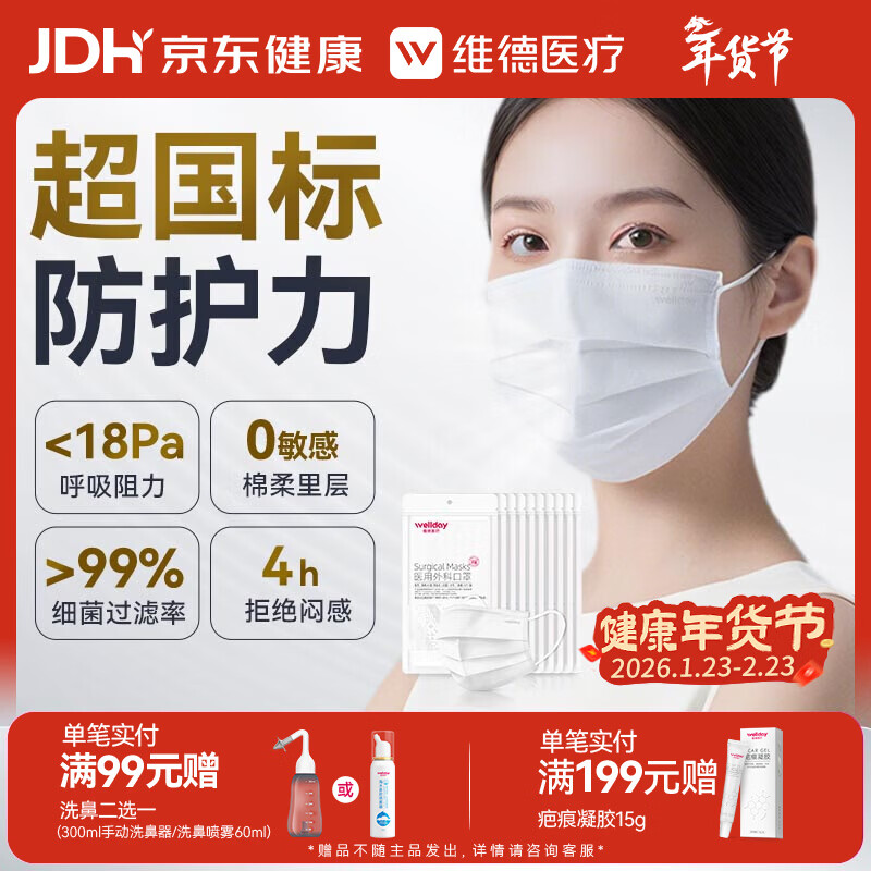 维德（WELLDAY）一次性医用外科口罩100只白色防沙尘冬季保暖防过敏透气灭菌级