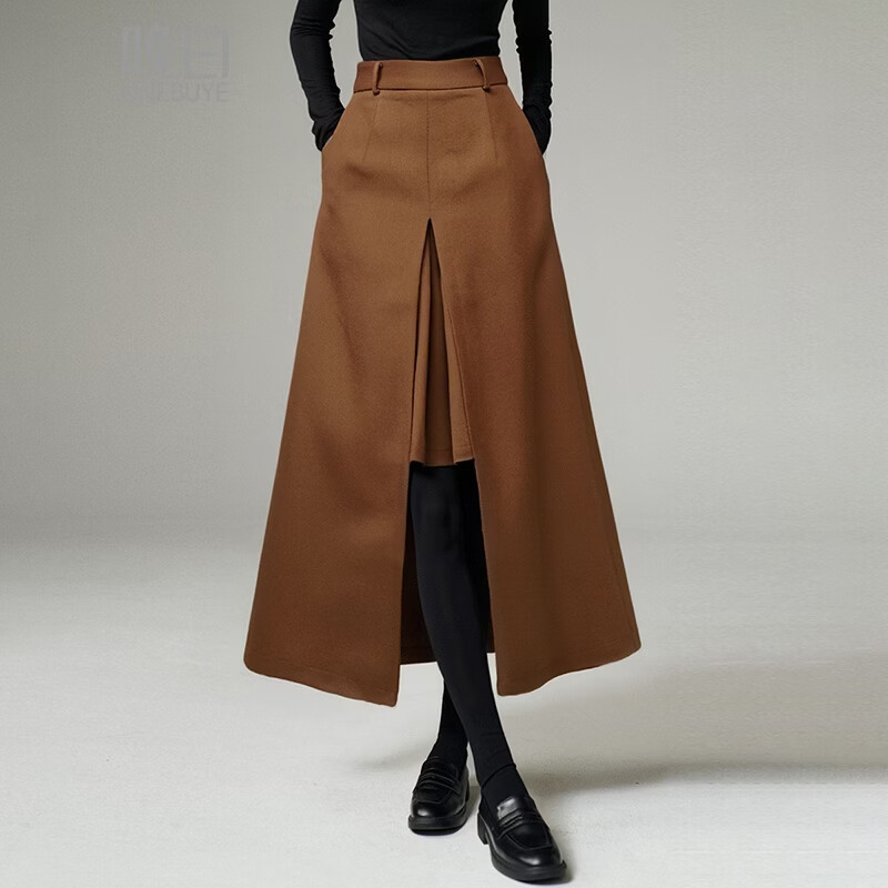 晚白【专享】2026春款经典高腰裙子显瘦利落干练知性优雅半身裙 深咖色 M